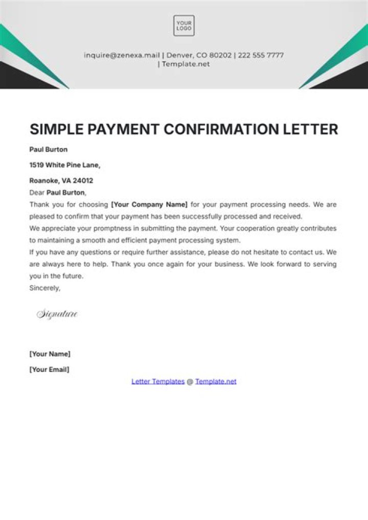 Payment Confirmation Letter Sample Letter of Confirmation YouTube